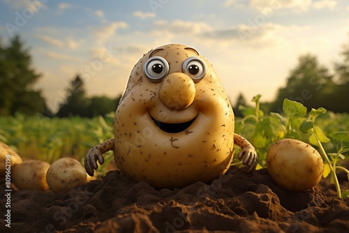 Cheerful 3d animated potato character in a field during sunset, surrounded by plants photo