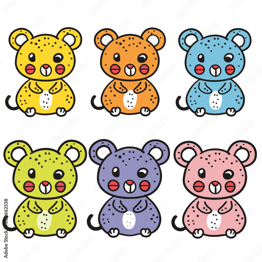 Six cute colorful teddy bears cartoon characters, bear features different main color yellow, orange, blue, green, purple, pink. Bears happy expressions, dotted texture, simplistic design Six cute colorful teddy bears cartoon characters, bear features different main color yellow, orange, blue, green, purple, pink. Bears happy expressions, dotted texture, simplistic design