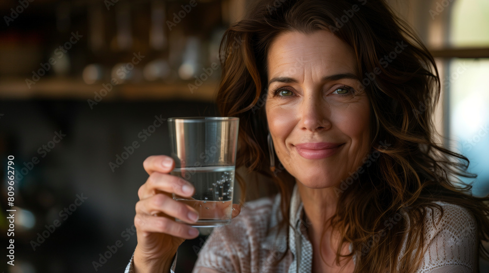 Portrait of mature caucasian woman stand at home and hold glass