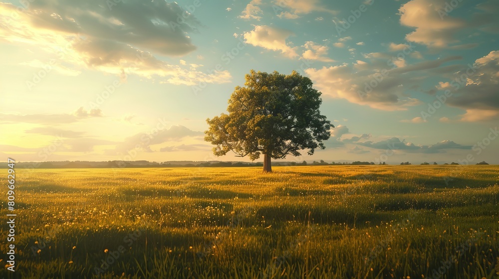 A rural landscape featuring a solitary tree standing tall in a vast field.





