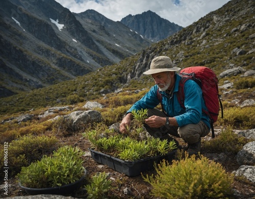 A botanist collecting rare plant specimens in remote mountain regions, documenting biodiversity hotspots and ecosystem dynamics. photo