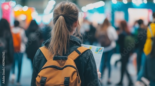 Proactive Young Woman Job Seeker Exploring Options at a Crowded Career Expo