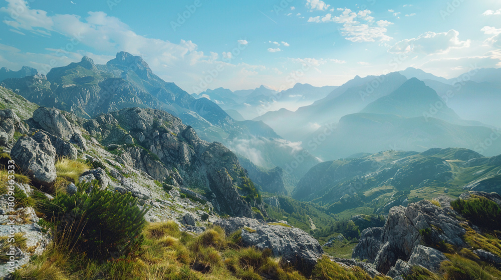 Breathtaking panorama of morning wild nature high in mountains