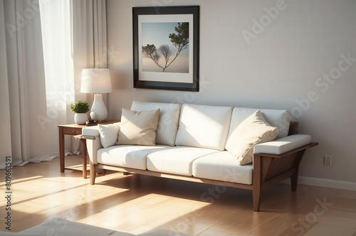 Modern living room bathed in sunlight featuring a cozy sofa  elegant lamp  wooden side table  and framed artwork on the wall