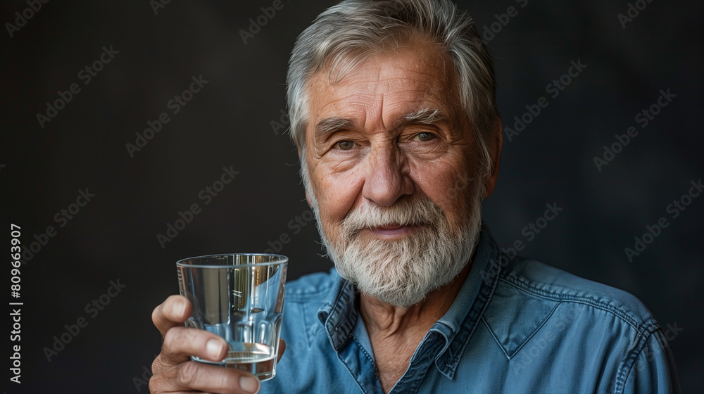 Portrait of senior caucasian man stand at home and hold glass of water Portrait of senior caucasian man stand at home and hold glass of water