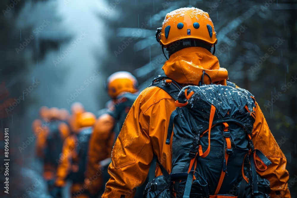 Image of a search-and-rescue team geared up in orange, walking in a forest trail in the rain Image of a search-and-rescue team geared up in orange, walking in a forest trail in the rain