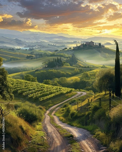 A long and winding road through the countryside. There are vineyards and rolling hills in the background. The sky is blue with hazy clouds. The sun is shining brightly.