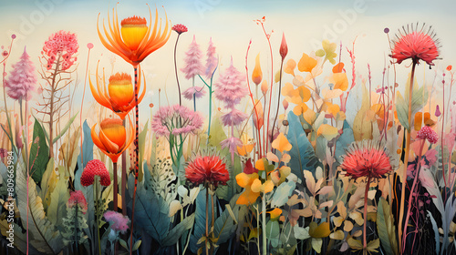Australian Wildflower Fields: Fields of native wildflowers, such as kangaroo paws and banksias, create a colorful spectacle against the rugged landscape, watercolour illustration,