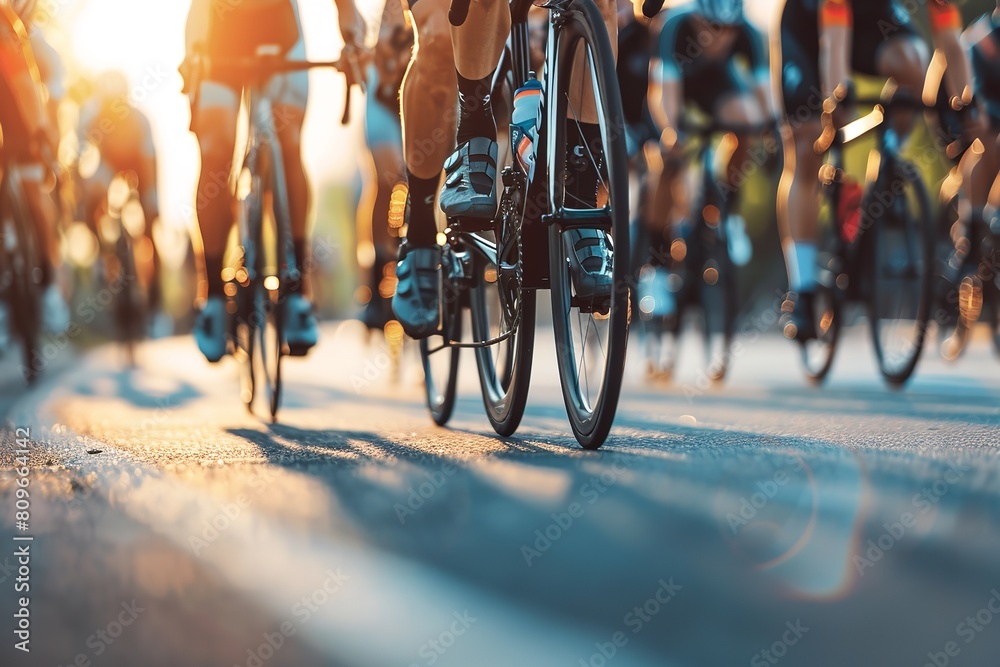 Cycling team in close-up against a sunny background during a ...