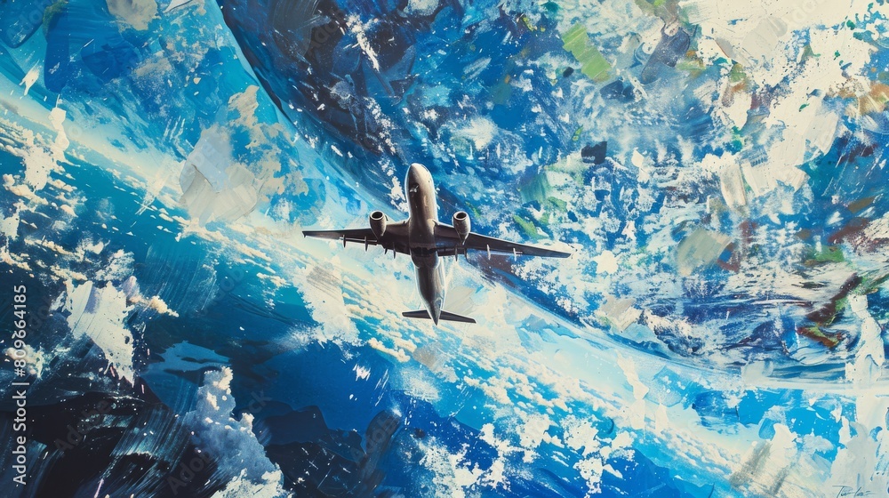 Naklejka premium Art collage of traveling around the earth by airplane.