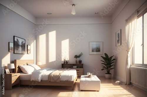 Modern bedroom interior with cozy and stylish decor illuminated by the warm glow of sunset light  evoking a tranquil ambiance
