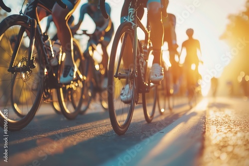 Cycling team in close-up against a sunny background during a professional race, Generative AI. © Shadow51