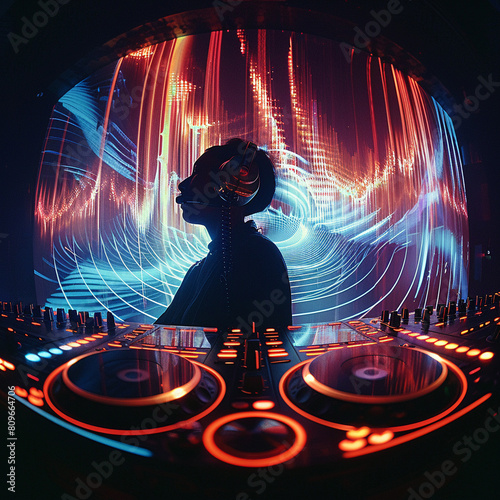 Experimental DJ, AI music blending, visualizing sound waves on a digital interface, in a dark underground club photo