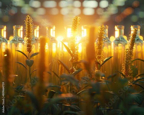 Resistance to pests and diseases, enhancing nutrition quality, potential allergy risks, in a futuristic laboratory setting, 3D render, golden hour lighting, depth of field bokeh effect