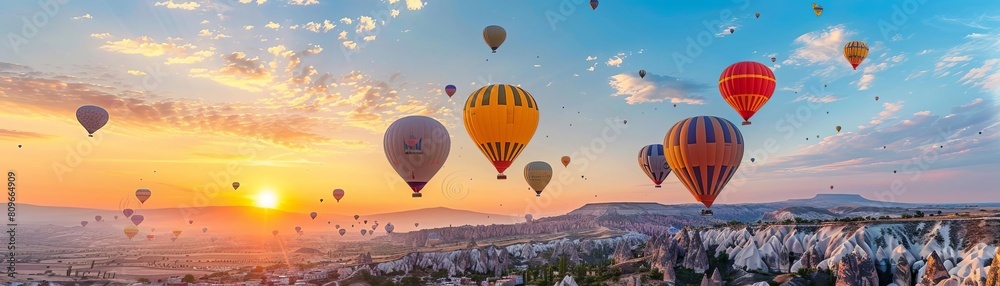 Cappadocia, Turkey. Hot air balloons fill the sky as the sun rises over the fairy chimneys.