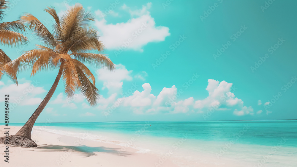 A serene tropical beach scene with a lone palm tree leaning over soft white sand, set against a turquoise ocean and a bright blue sky dotted with fluffy white clouds.