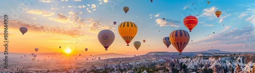 Cappadocia, Turkey. Hot air balloons fill the sky as the sun rises over the fairy chimneys.