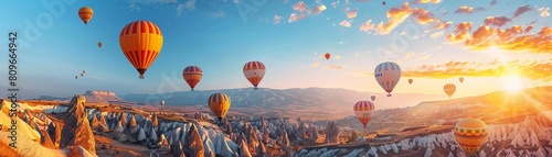 Cappadocia, Turkey. Hot air balloons fly over the rock formations of Cappadocia.