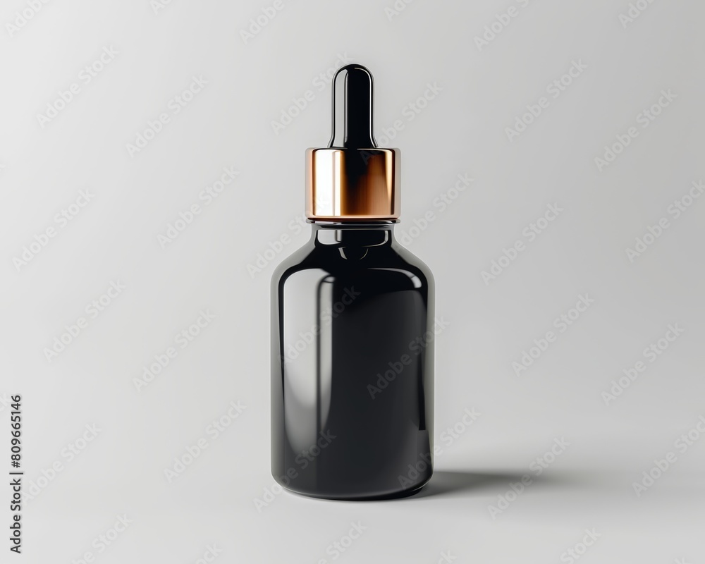 Premium black dropper bottle isolated with a metallic cap, designed for highend essential oils and serums