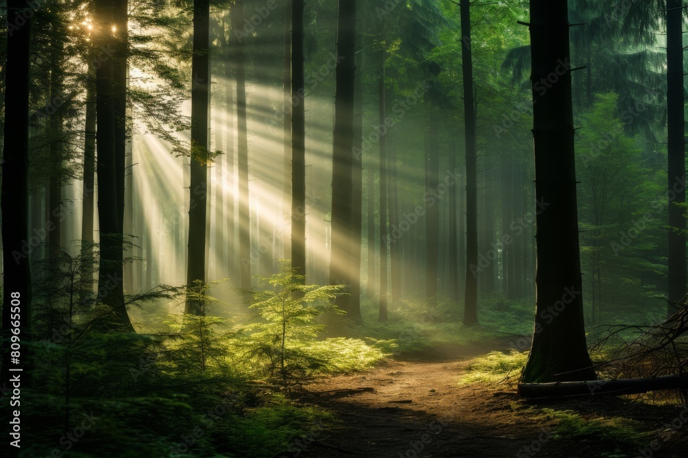 Enchanted Woods With Sunlight Filtering Down To A Gentle Forest Trail At Dawn. Generative AI