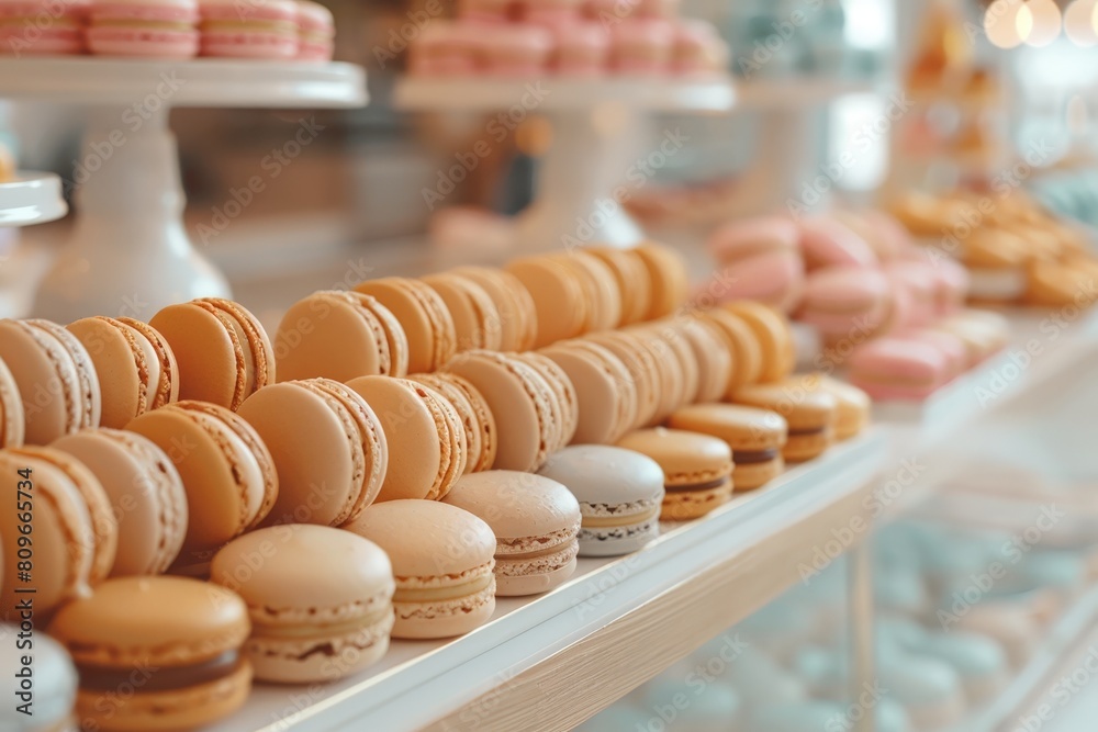 Rows of colorful macarons neatly displayed in a bakery case, showcasing various flavors and a tempting presentation.