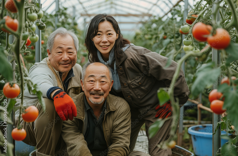 Fototapeta premium Farm Workers in Greenhouse Smiling amidst Large Red Ripe Tomatoes
