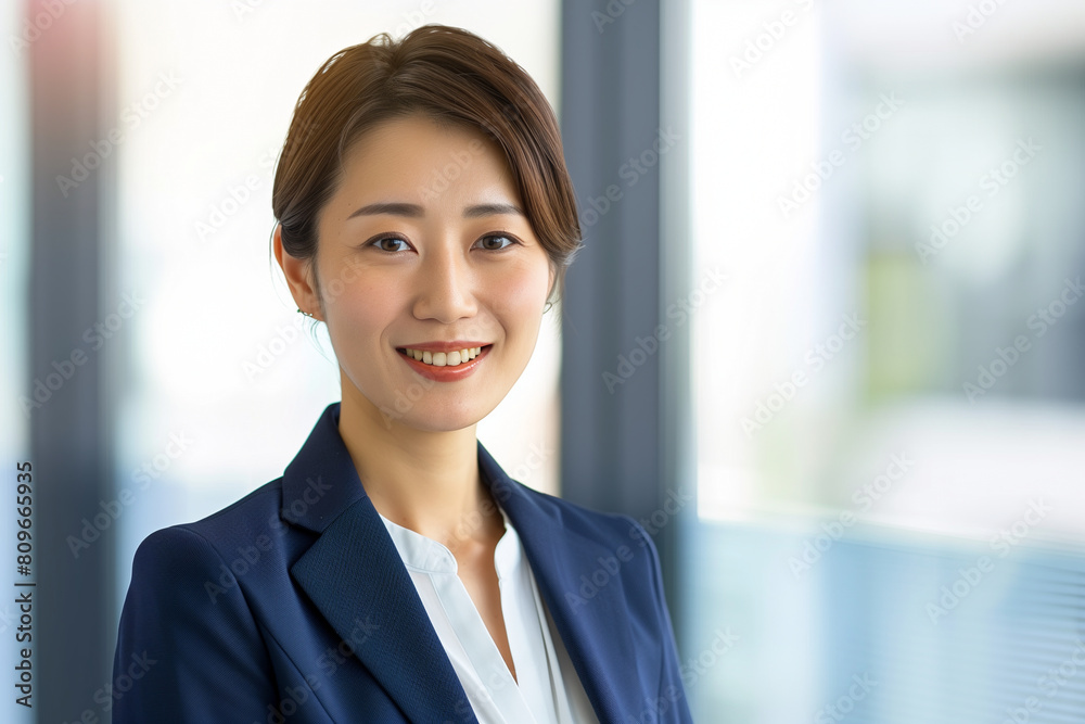 Japanese woman in business attire, smiling and looking directly at the camera with soft lighting Japanese woman in business attire, smiling and looking directly at the camera with soft lighting
