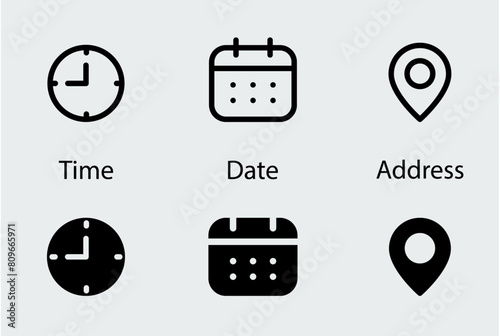 Time, date, address, location icons. Clock, day, place symbols. Easy editable vector design.