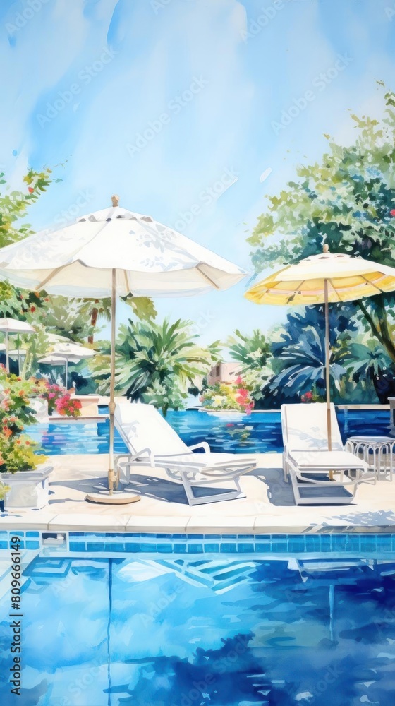 A watercolor painting of a sunny pool scene