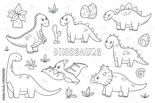 Dinosaurs doodles set  hand drawn cartoon elements for coloring books  prints  cards  banners  stickers  apparel decor  etc. EPS 10