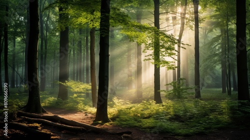 Sunbeams Pouring Through The Mist In A Lush Green Forest At Sunrise. Generative AI