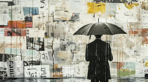 An umbrella hides a man from fake news. A collage.