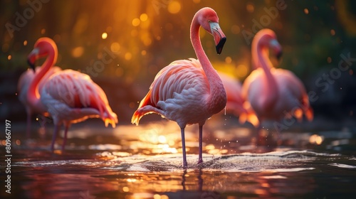Elegant American Flamingos Bathing in Golden Water at Sunset photo