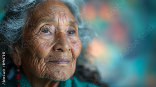 Senior native american woman with grey hair and blue eyes. Generative AI