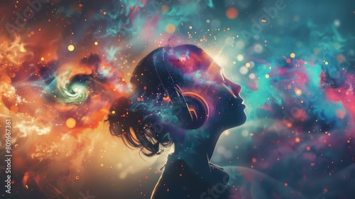 Imaginary world under music that soothes the mind, woman, wearing headphones, imagination, music, open mind, mind, psychology, Generative Ai. #809667361