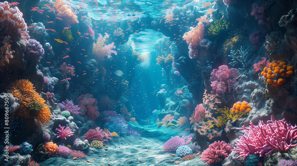 Fototapeta premium Vibrant underwater scene with corals and marine life. Generative AI