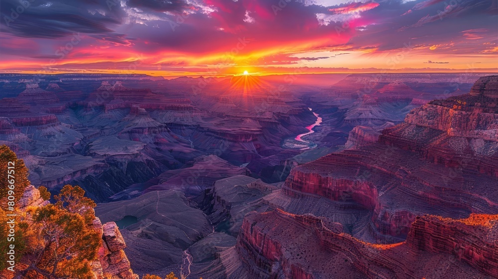 Obraz premium The sun sets over the vast and colorful landscape of the Grand Canyon, painting the sky with vibrant hues.