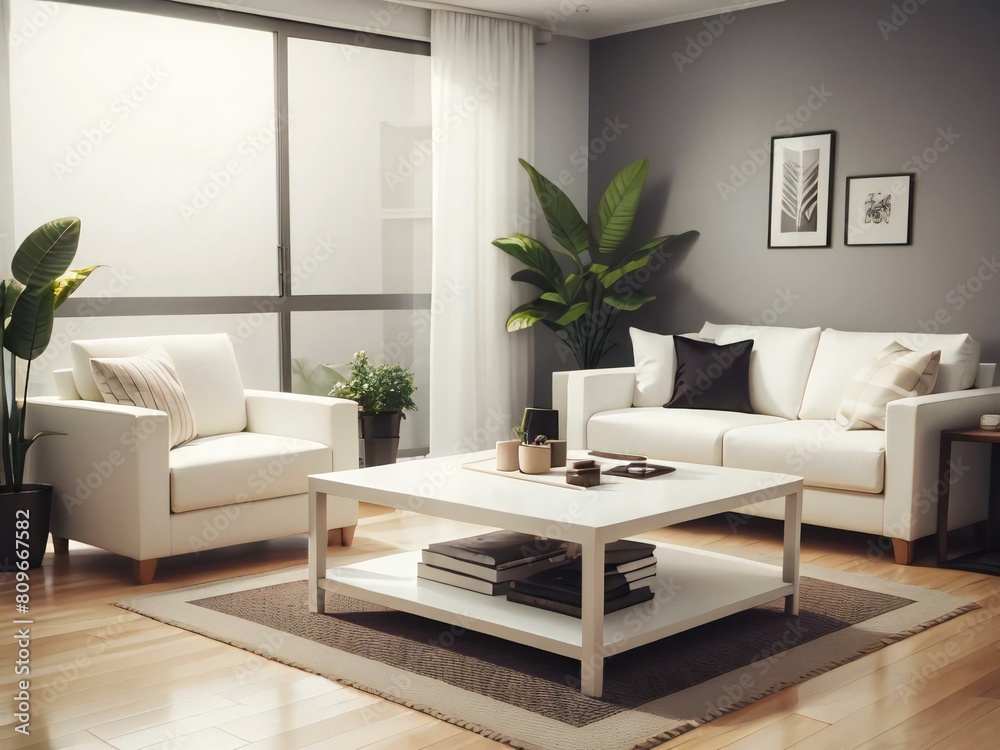 Cozy and stylish living room featuring comfortable sofas, a coffee table, decorative plants, and artwork, bathed in natural sunlight Cozy and stylish living room featuring comfortable sofas, a coffee table, decorative plants, and artwork, bathed in natural sunlight