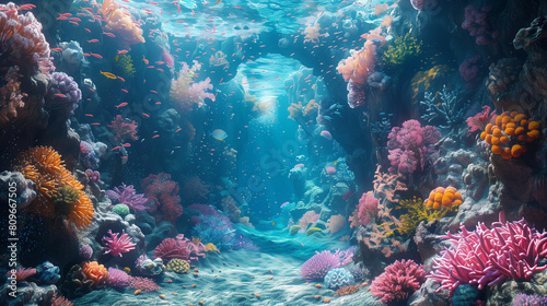 Vibrant underwater scene with corals and marine life. Generative AI