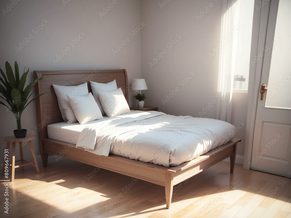 Sunny contemporary bedroom with a tidy double bed, white linens, wooden flooring, and a serene minimalist design style