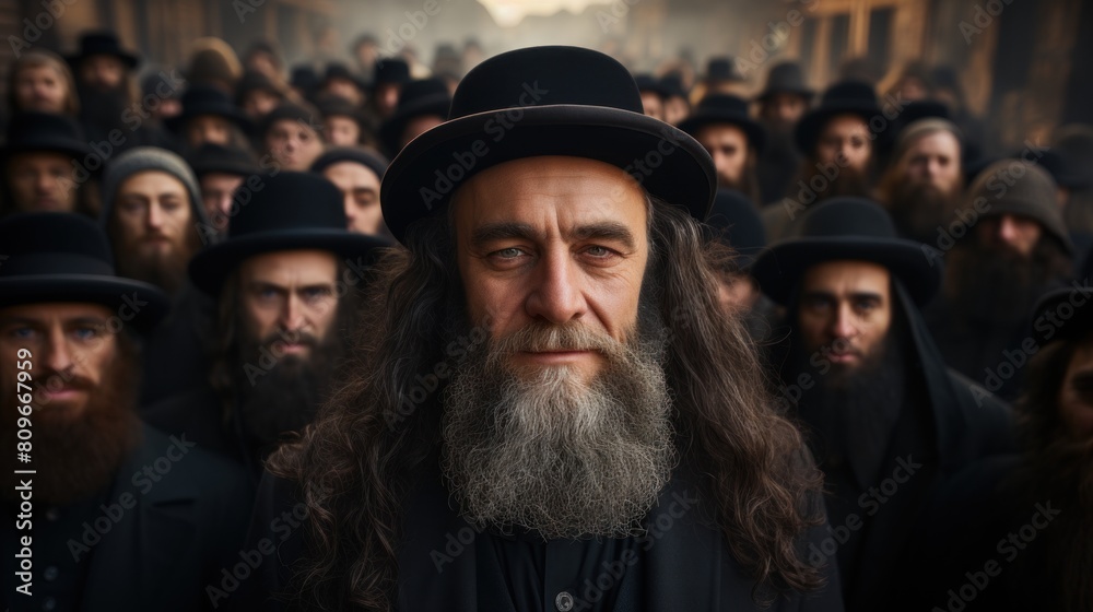 Large Group of Orthodox Hasidic Jews Gathered in Traditional Attire