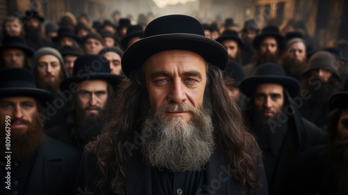Large Group of Orthodox Hasidic Jews Gathered in Traditional Attire photo