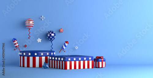 Fourth of July independence day concept with podium, balloon, rocket firework, gift box, USA display podium, copy space text, 3D rendering illustration