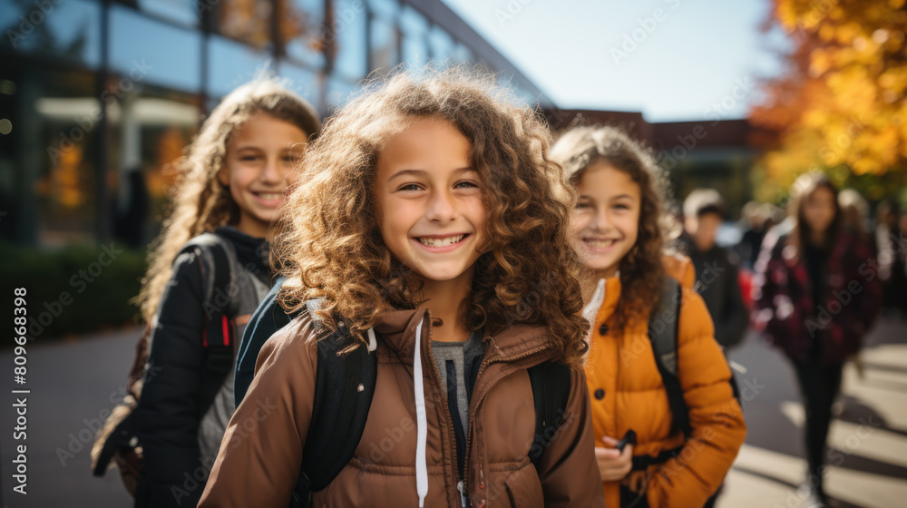 Happy School Kids with Backpacks Enjoying a Sunny Day Outside Their School Happy School Kids with Backpacks Enjoying a Sunny Day Outside Their School