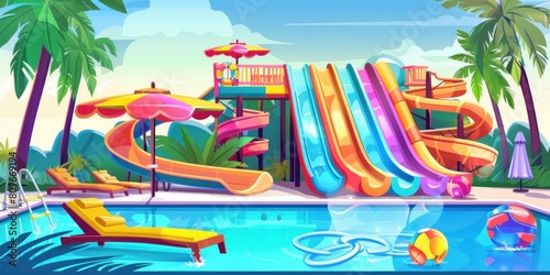 Colorful water park slides with pool, beach umbrellas and palm trees on a sunny day. Vibrant digital illustration. Summer leisure and water activities concept.