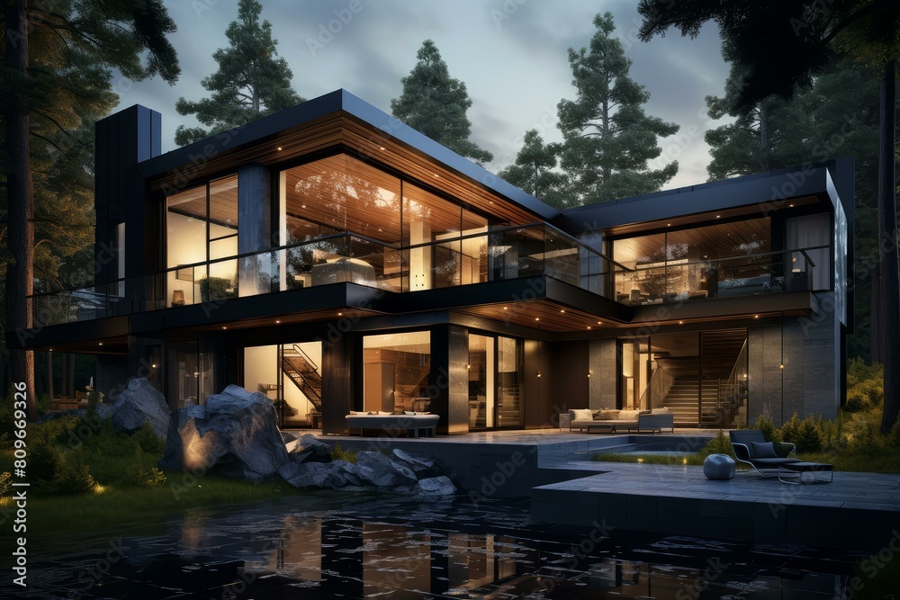 Fototapeta premium Elegant contemporary house with illuminated interiors, surrounded by forest at dusk