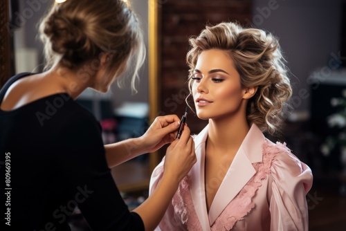 Professional makeup artist applies cosmetics to a beautiful woman in a stylish setting