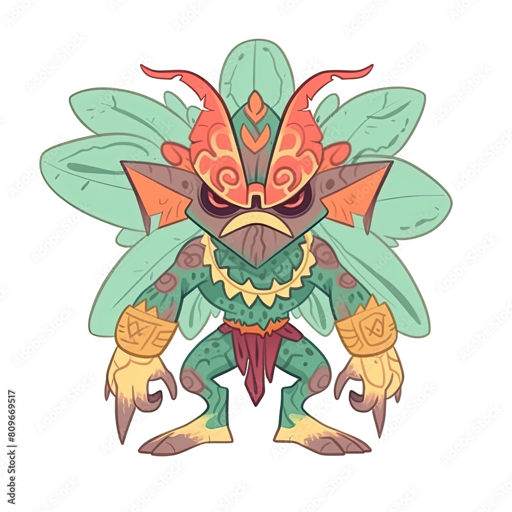 An illustration of a mysterious green leafy creature with red eyes looking at the camera An illustration of a mysterious green leafy creature with red eyes looking at the camera