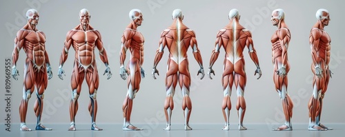 3D model of human body muscles on a light background.