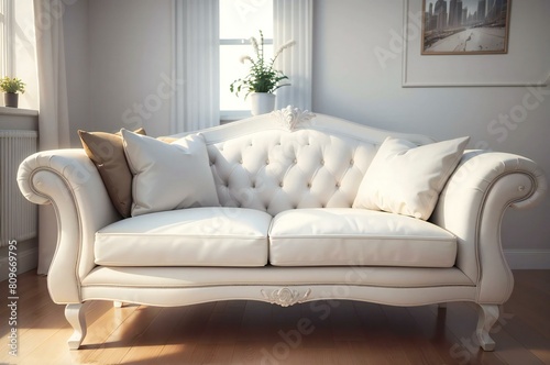 Elegant white sofa with cozy cushions in a contemporary living space bathed in sunlight from expansive windows